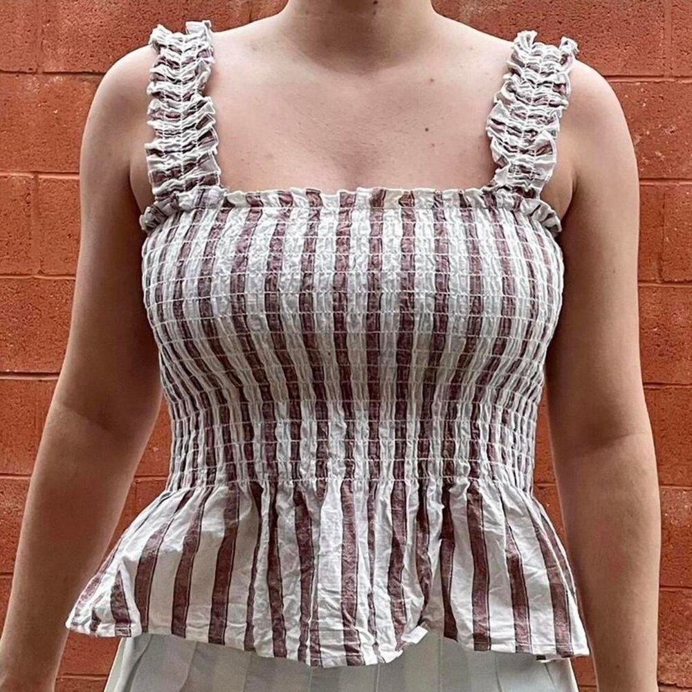 White and burgundy scrunch ruffle striped tank top